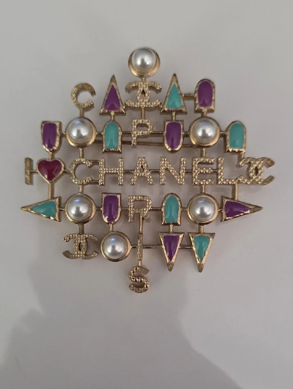 CHANEL Gold-Tone Multicolor Enamel & Pearl Logo Brooch